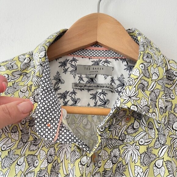 Ted Baker Short Sleeve Button Down Casual Dress shirt Tropical yellow white blk - Picture 7 of 11